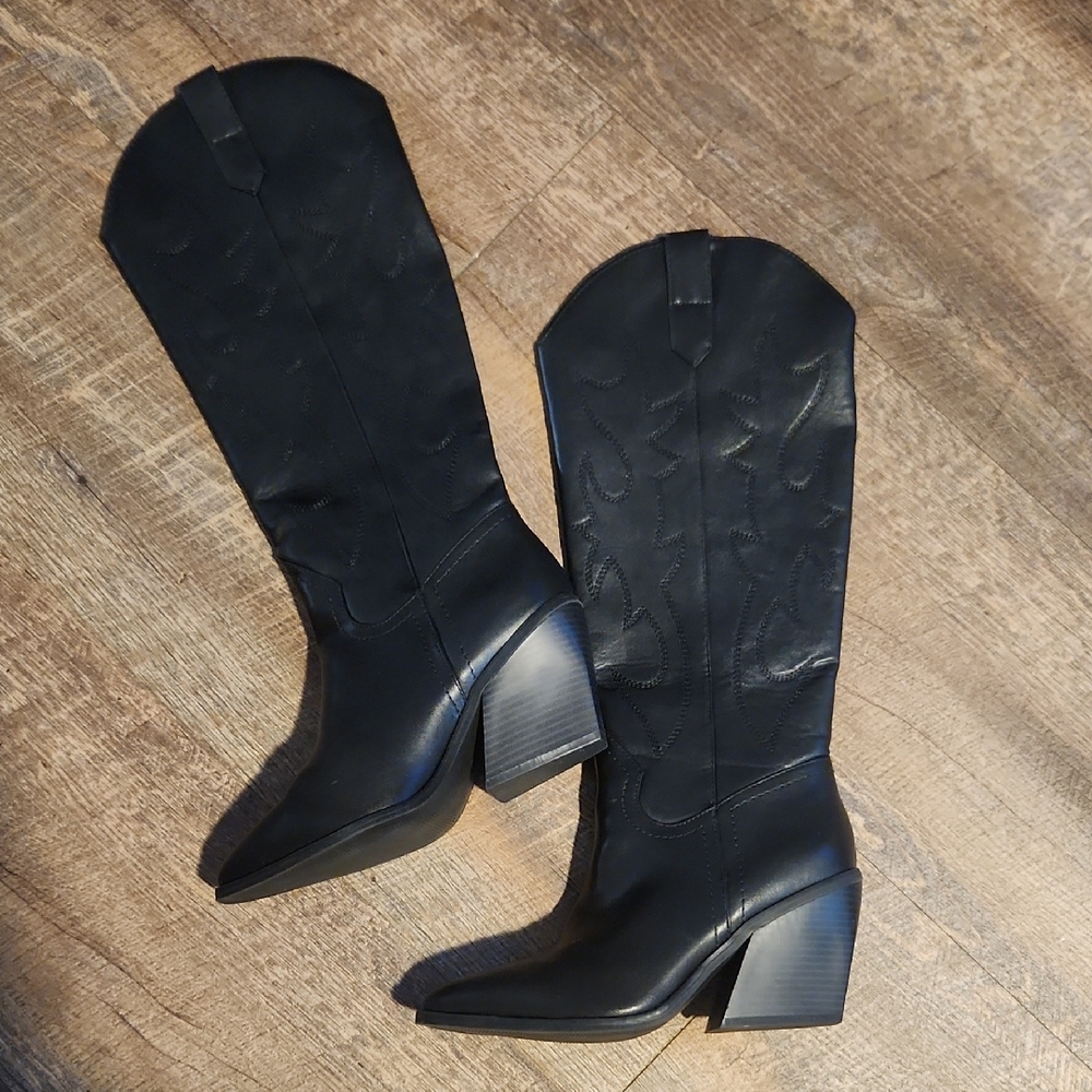 Madden Girl Black Heeled Boots with Chunky Block Heel